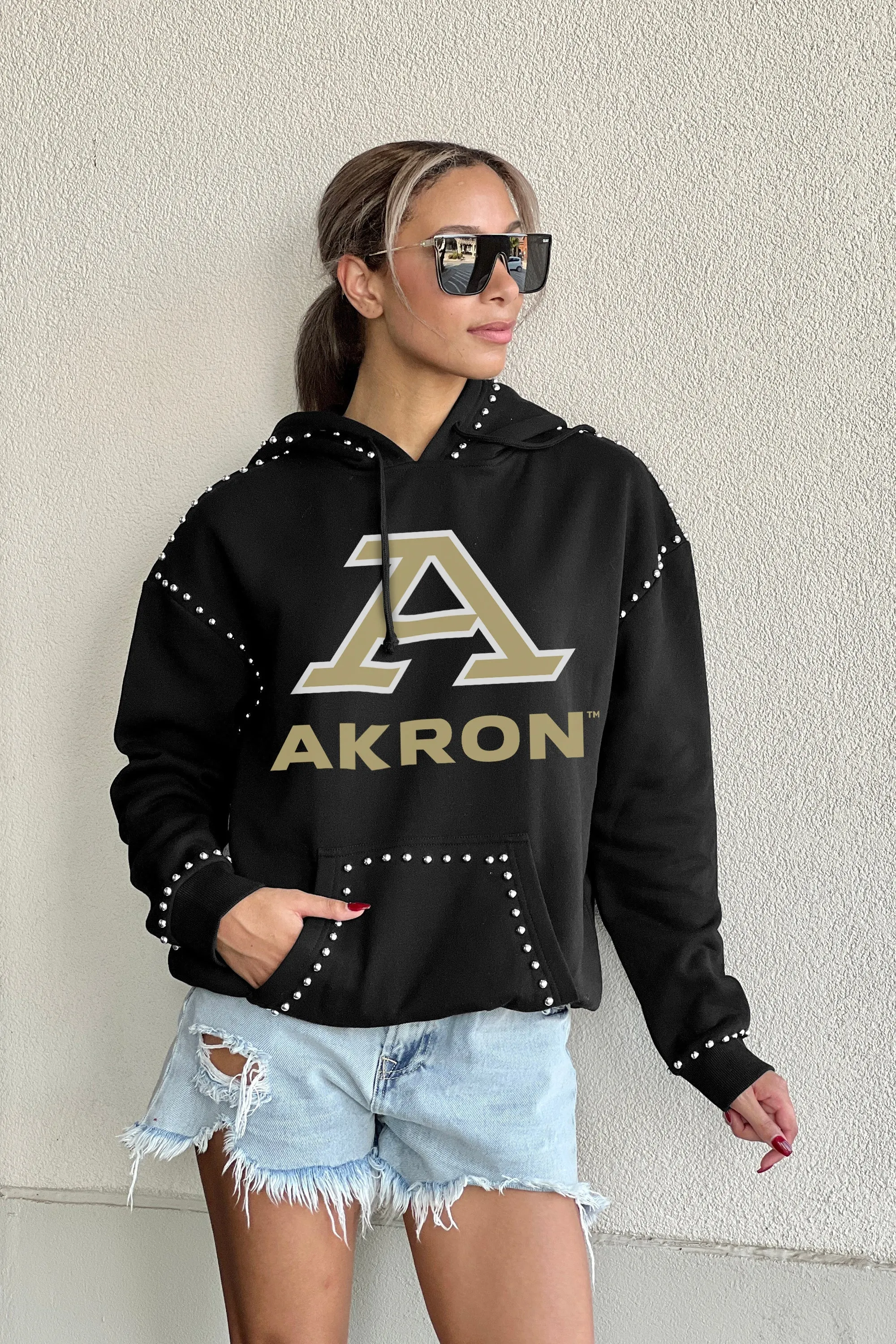 AKRON ZIPS BELLE OF THE BALL STUDDED DETAIL FLEECE FRONT POCKET HOODIE