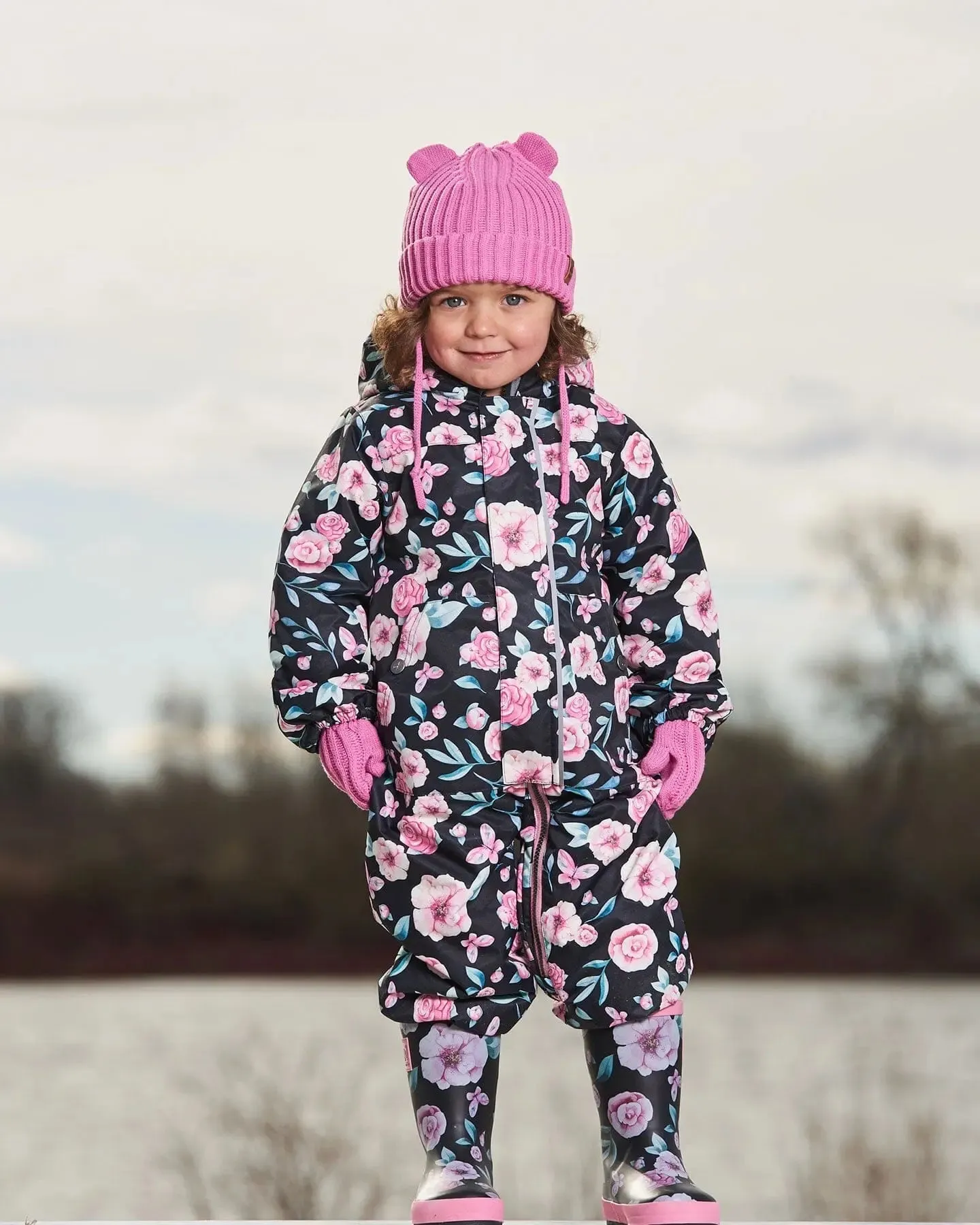 Baby Printed Mid-Season One-Piece Outerwear With Hat Pink, Black, And Flowers