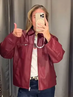 Back To School Joskaa Fashion Red Leather Woman Jacket With Zipper Turn Down Collar Long Sleeve Motorcycle Coat Ladies Winter Warm Street Outerwear