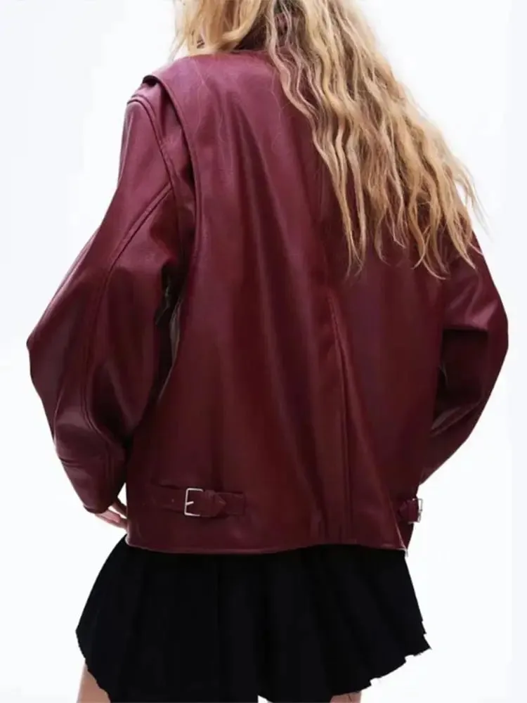 Back To School Joskaa Fashion Red Leather Woman Jacket With Zipper Turn Down Collar Long Sleeve Motorcycle Coat Ladies Winter Warm Street Outerwear