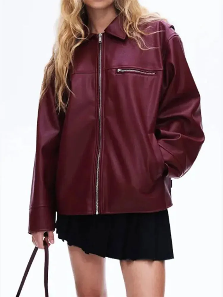 Back To School Joskaa Fashion Red Leather Woman Jacket With Zipper Turn Down Collar Long Sleeve Motorcycle Coat Ladies Winter Warm Street Outerwear