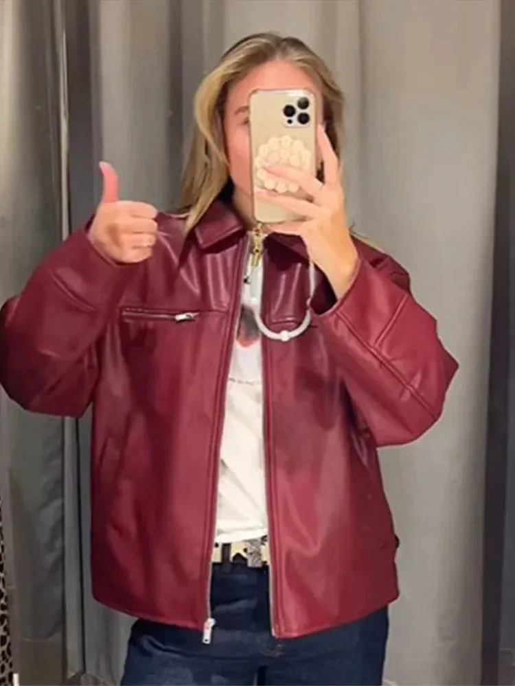 Back To School Joskaa Fashion Red Leather Woman Jacket With Zipper Turn Down Collar Long Sleeve Motorcycle Coat Ladies Winter Warm Street Outerwear