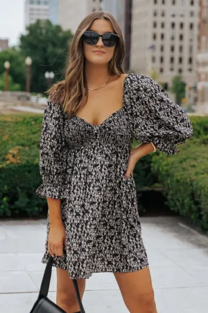 Black Floral Print Sweetheart Mini Dress - FINAL SALE