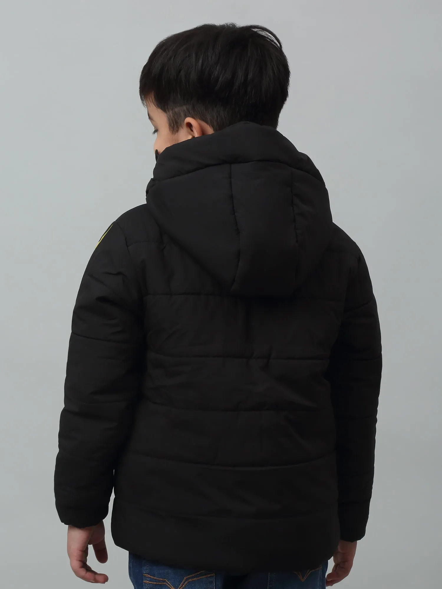 Boys Black Hooded Neck Solid Casual Jacket For Winter