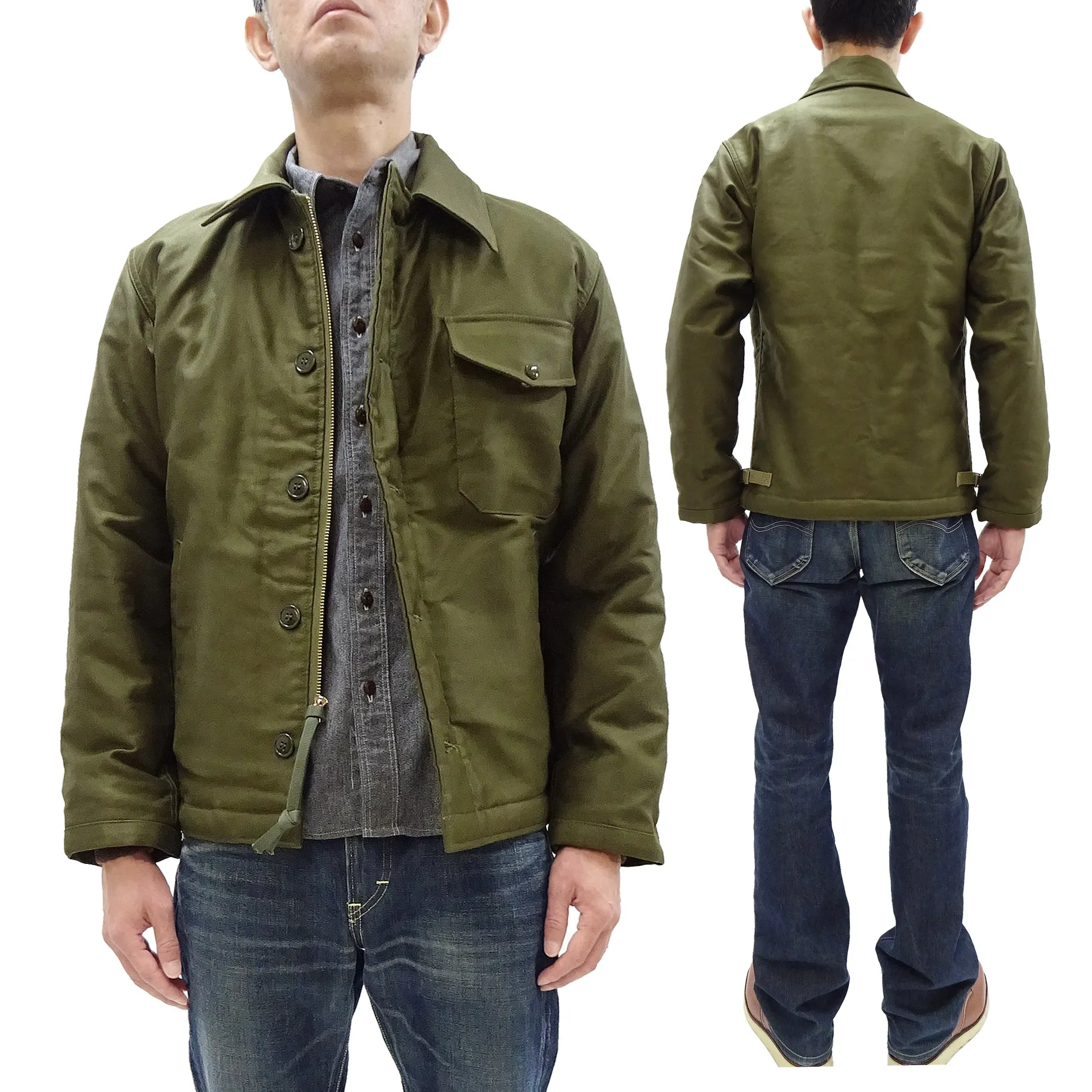 Buzz Rickson Jacket Men's Reproduction of the U.S. Navy A-2 Deck Jacket in Jungle Cloth Outer Shell Version BR15155 Olive-Drab