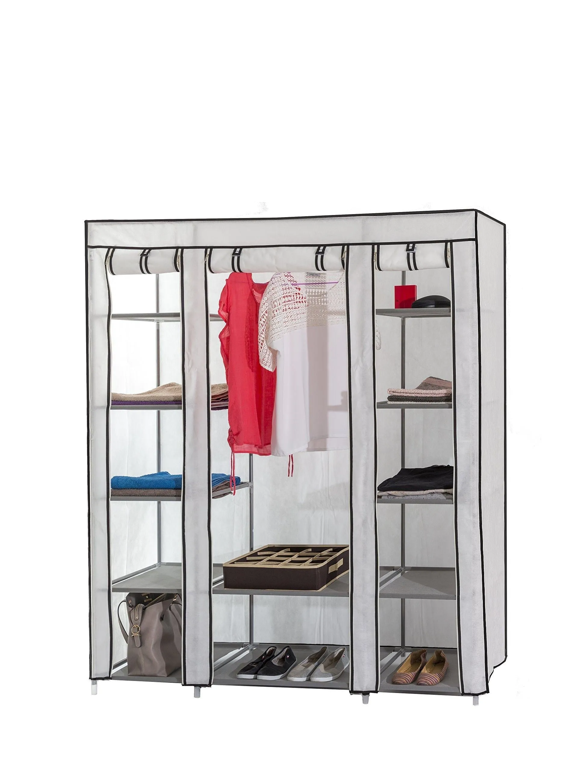 Dream Palace Portable Fabric Wardrobe with Shelves, Covered Closet Rack, with Bonus Sock Organizer, Hanger Pack, Extra Wide 59 (White)