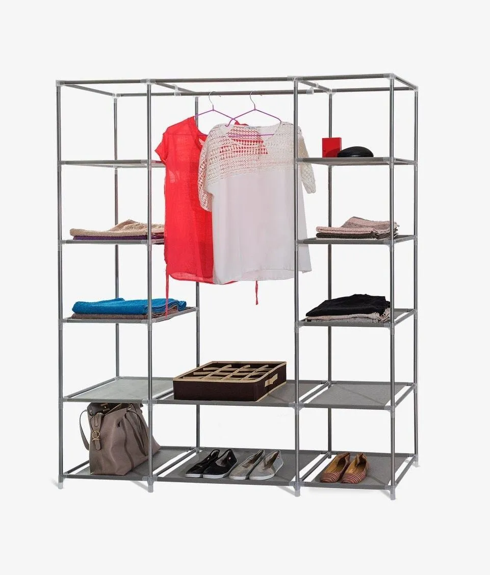 Dream Palace Portable Fabric Wardrobe with Shelves, Covered Closet Rack, with Bonus Sock Organizer, Hanger Pack, Extra Wide 59 (White)