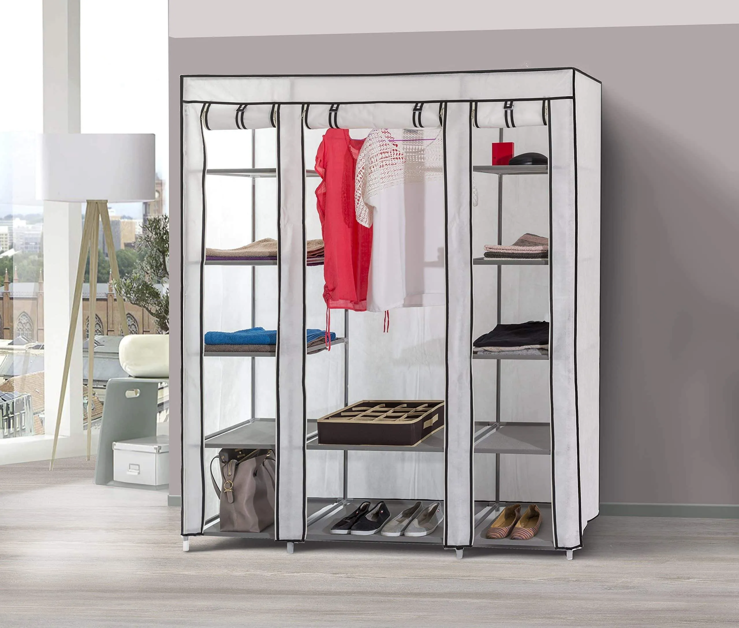 Dream Palace Portable Fabric Wardrobe with Shelves, Covered Closet Rack, with Bonus Sock Organizer, Hanger Pack, Extra Wide 59 (White)