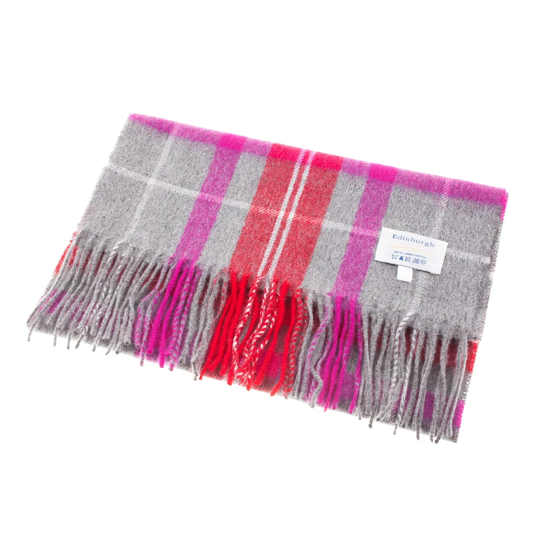 Edinburgh 100% Lambswool Scarf  Tweed Tartan Bright Red/Grey Check