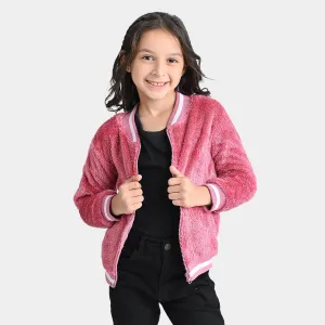 Girls Sherpa With Lurex Knitted Jacket -Pink