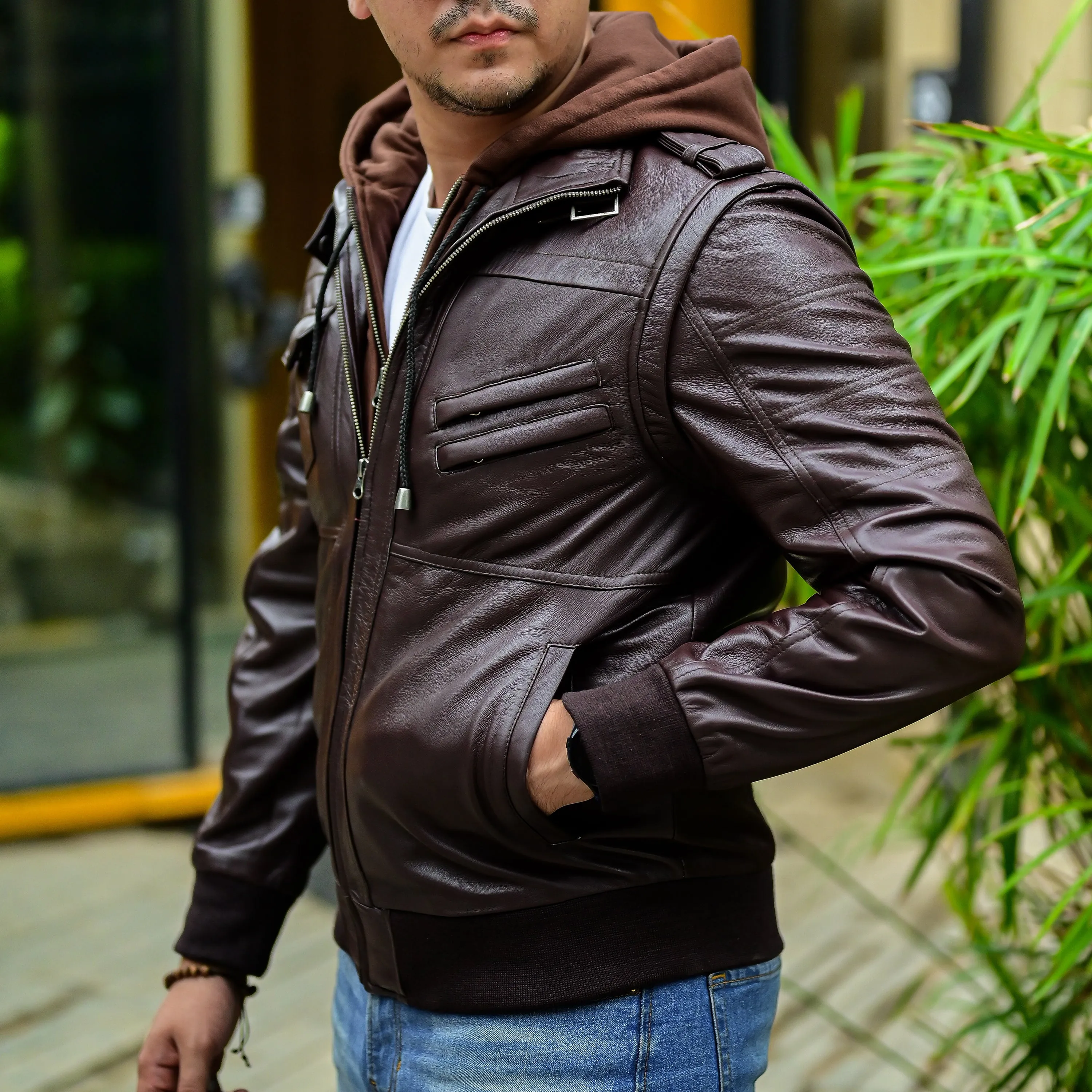 Hooded Leather Bomber Jacket with Removable Hood & Sleeves