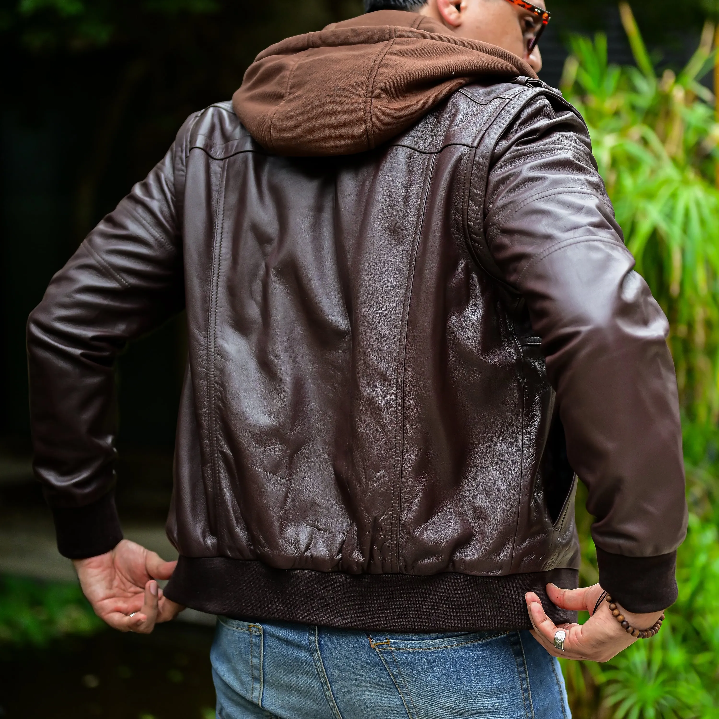 Hooded Leather Bomber Jacket with Removable Hood & Sleeves