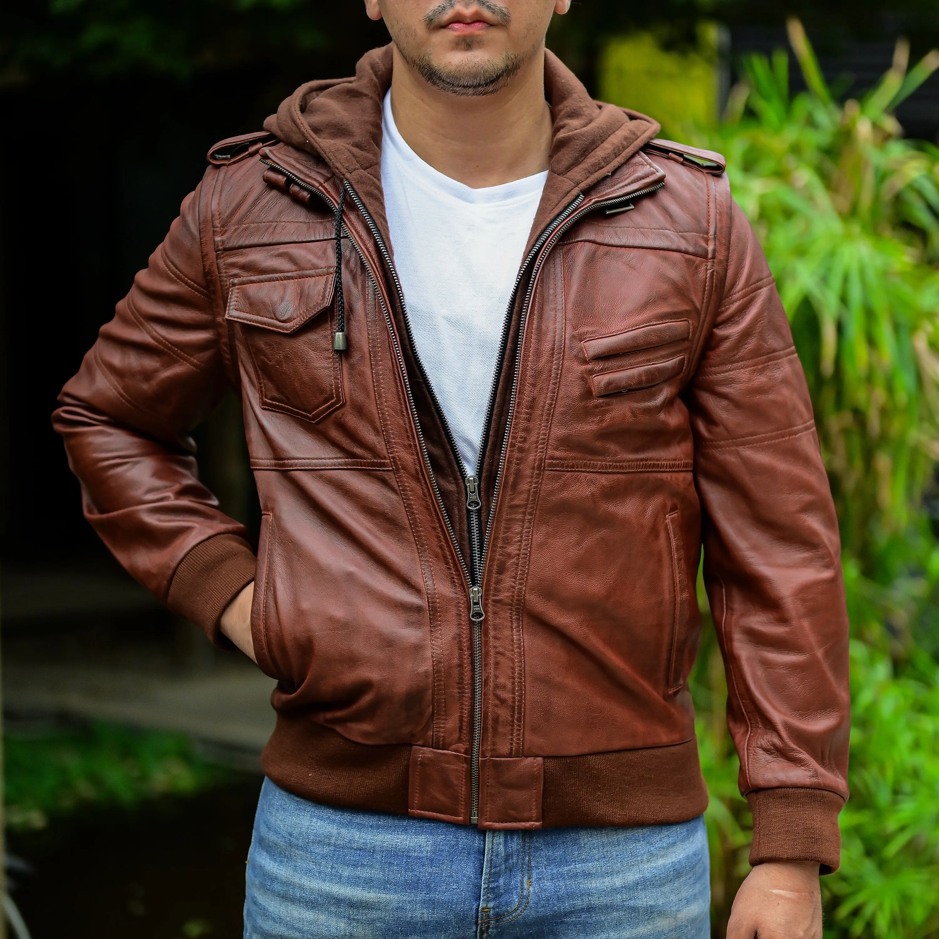 Hooded Leather Bomber Jacket with Removable Hood & Sleeves