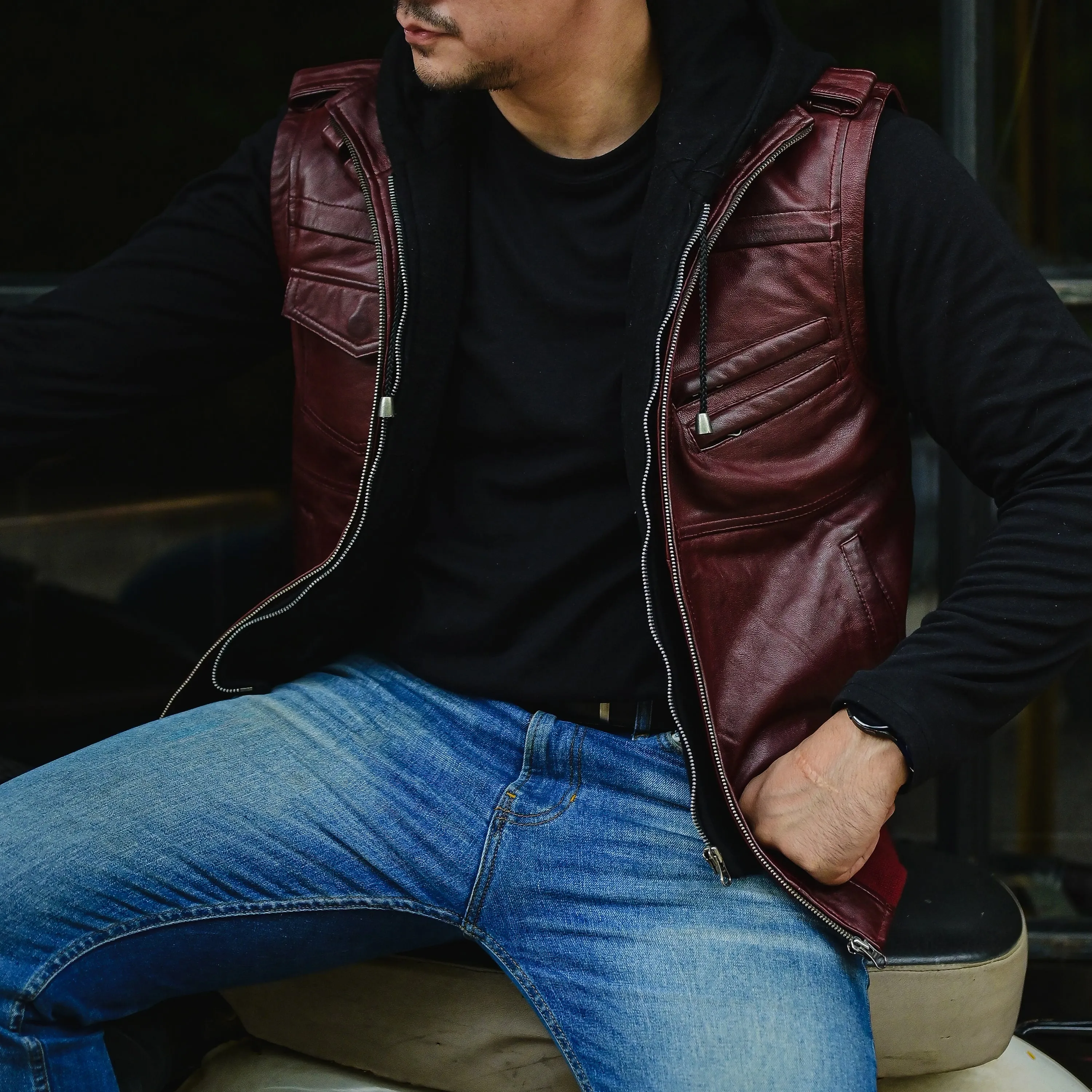 Hooded Leather Bomber Jacket with Removable Hood & Sleeves