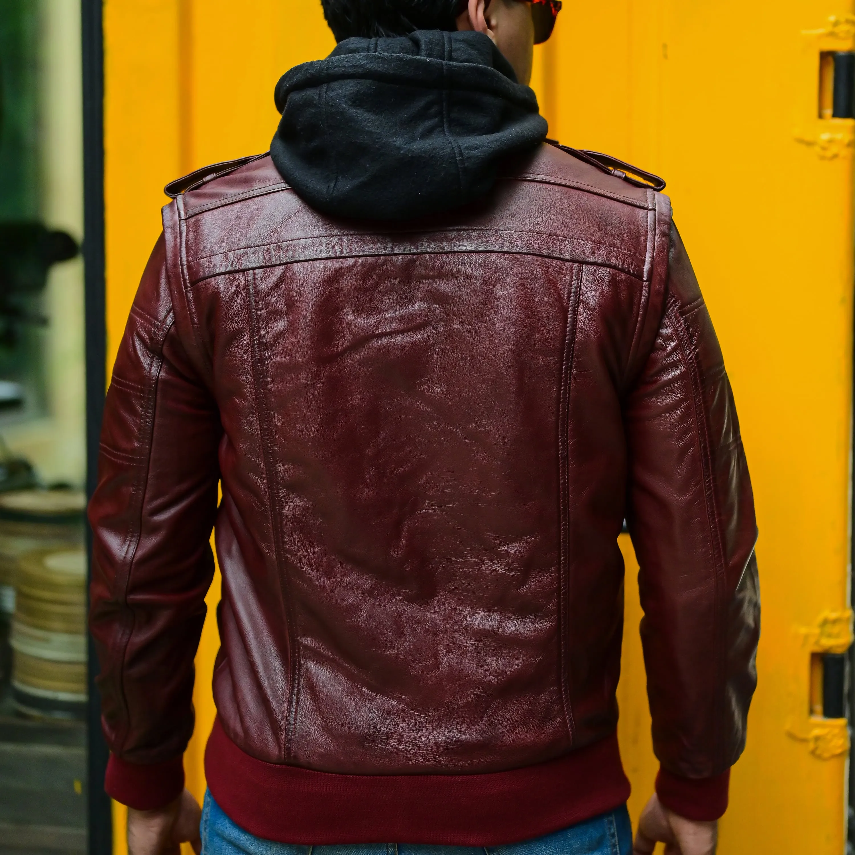 Hooded Leather Bomber Jacket with Removable Hood & Sleeves