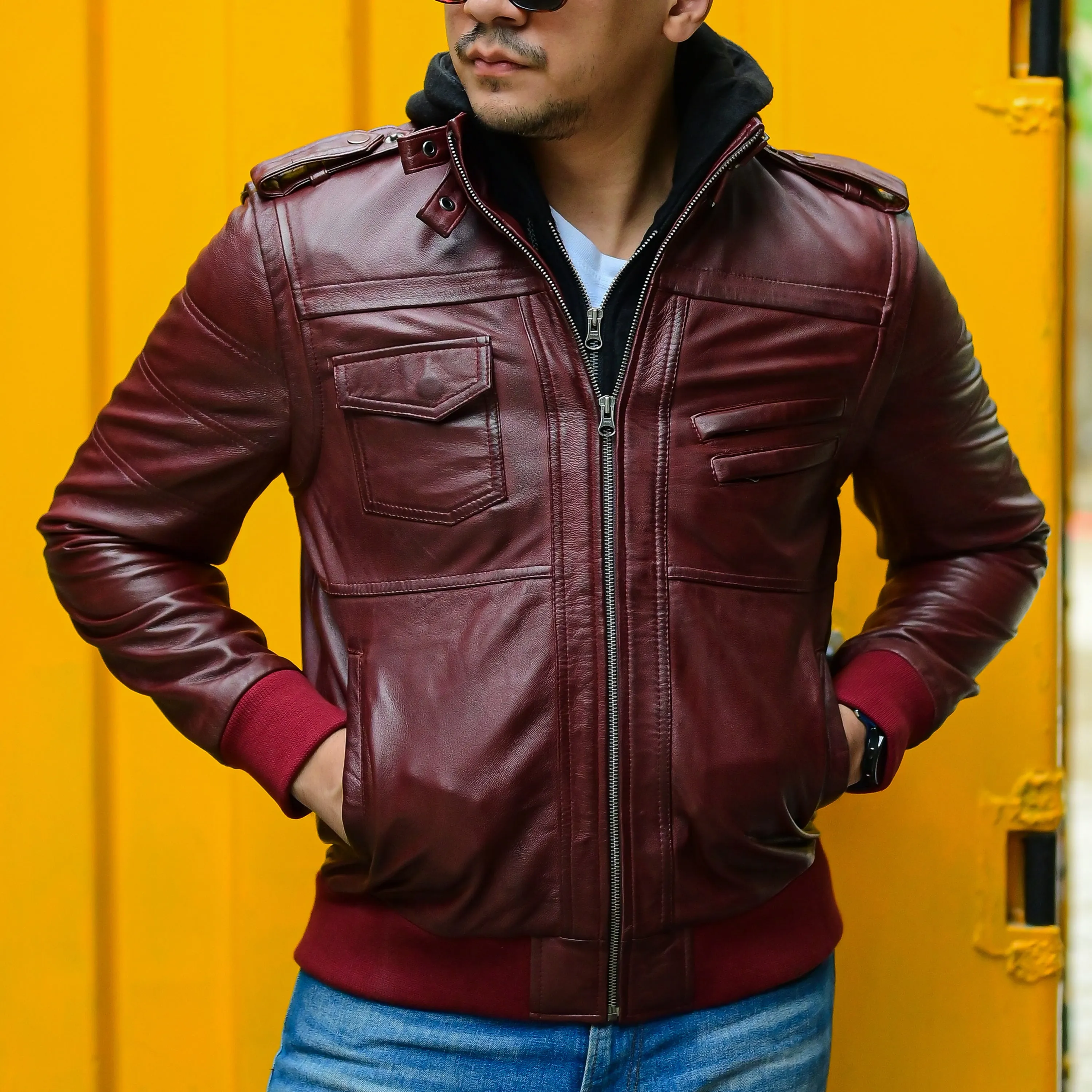 Hooded Leather Bomber Jacket with Removable Hood & Sleeves