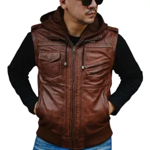 Hooded Leather Bomber Jacket with Removable Hood & Sleeves