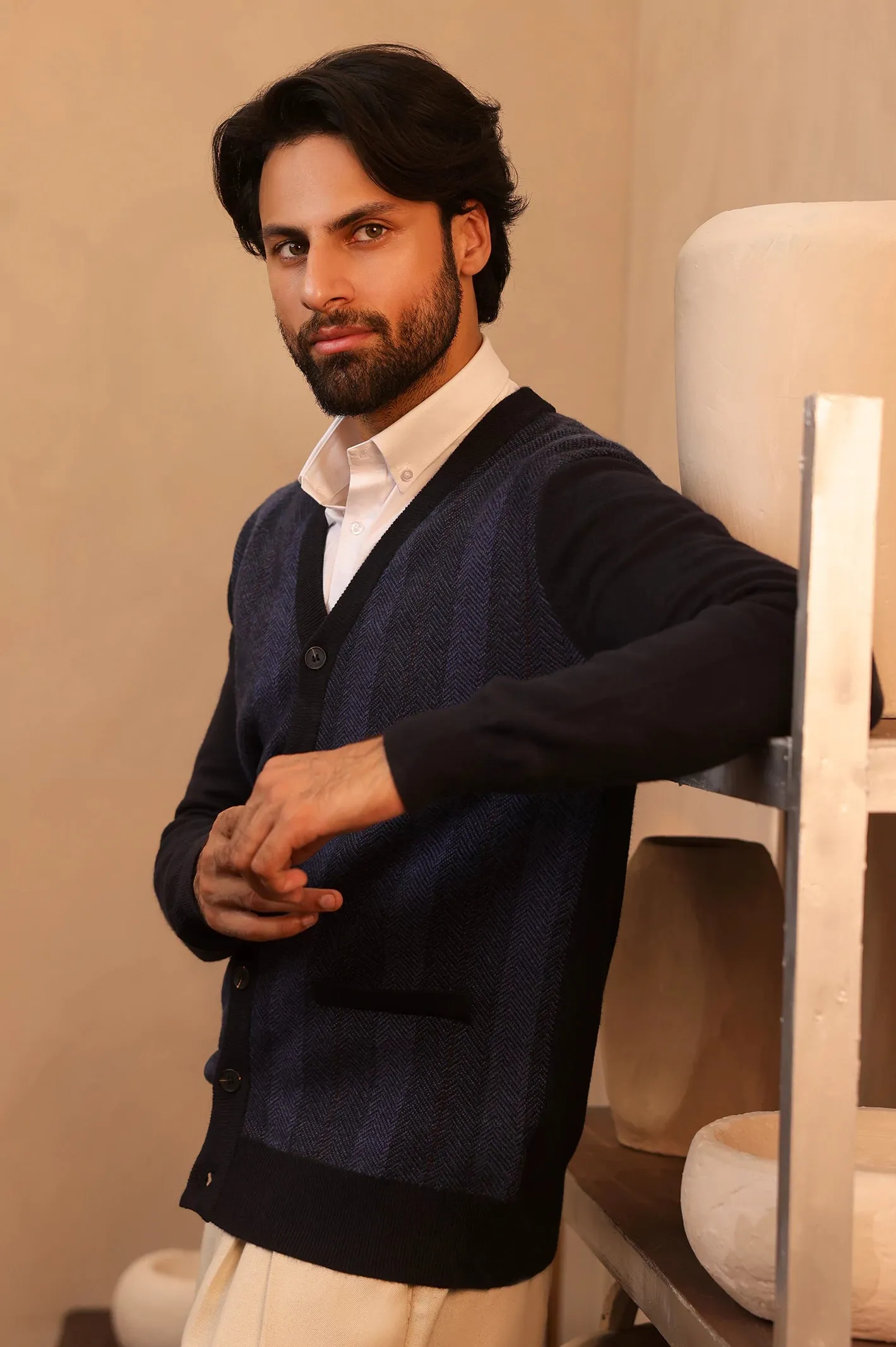 Men Full Sleeves Navy Cardigan