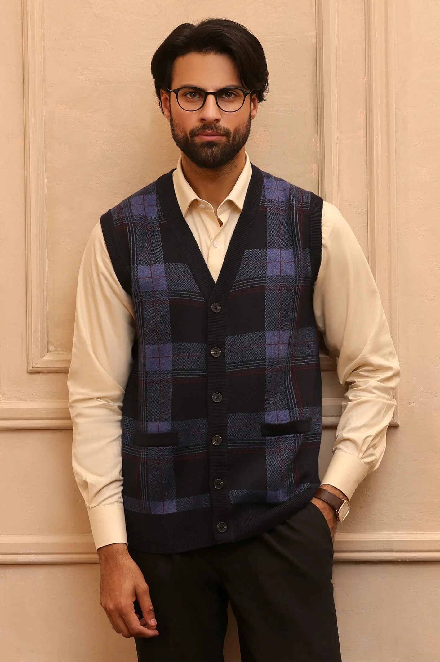 Men Multi Navy Sleeveless Cardigan