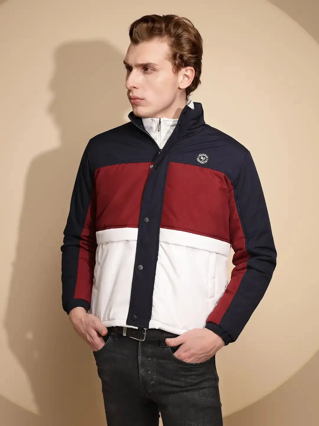 Men Navy and White Color Block Full Sleeve Turtle Neck Polycotton Jacket