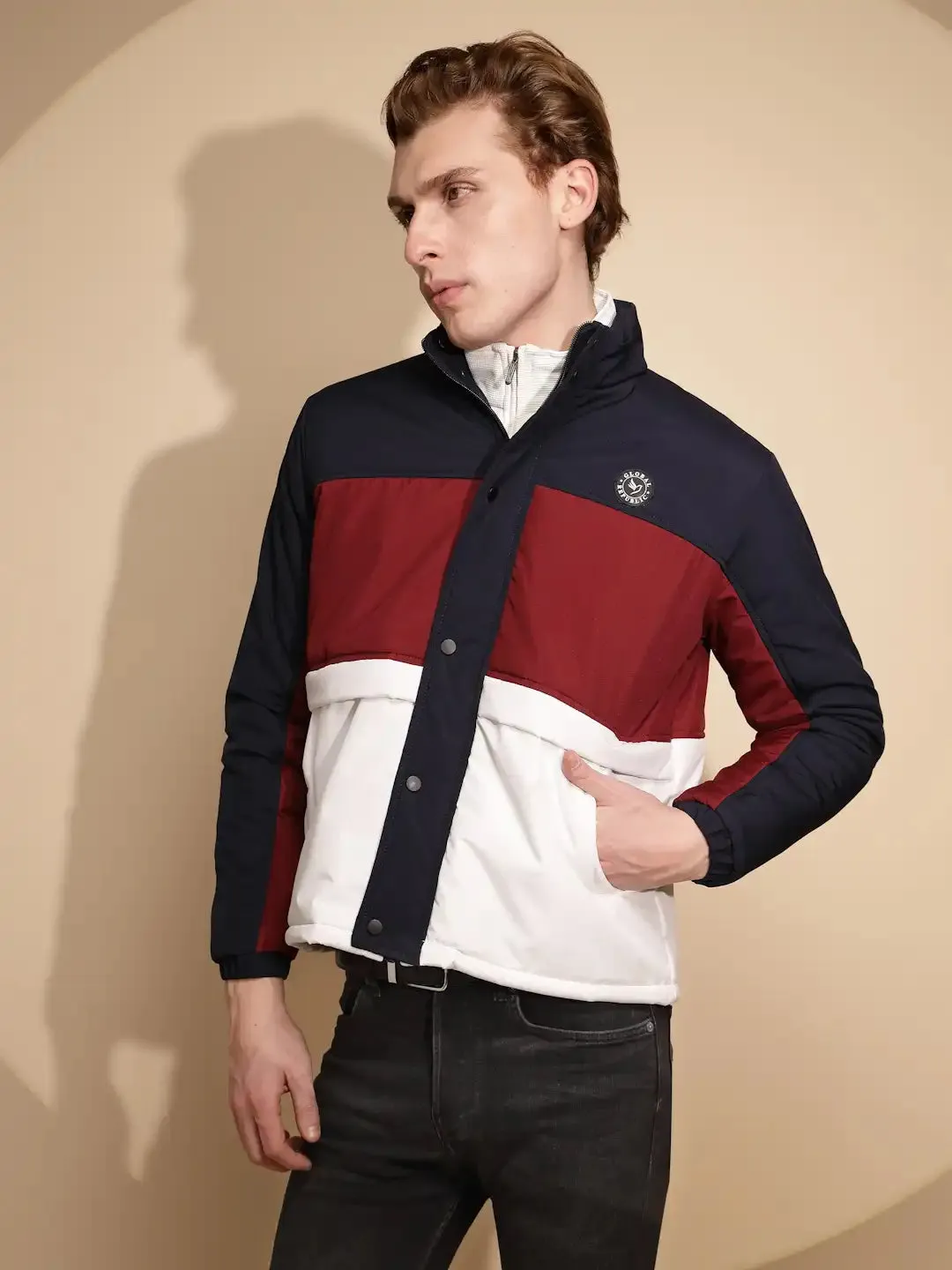 Men Navy and White Color Block Full Sleeve Turtle Neck Polycotton Jacket