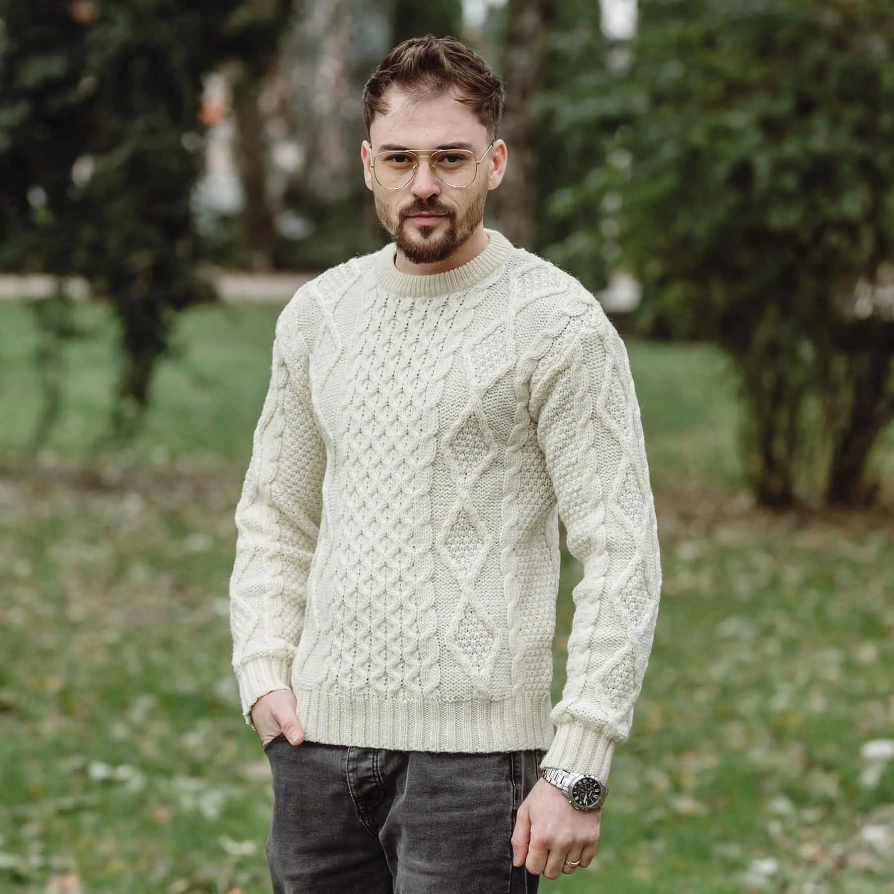 Men's Fisherman Cable Knit Sweater, Natural