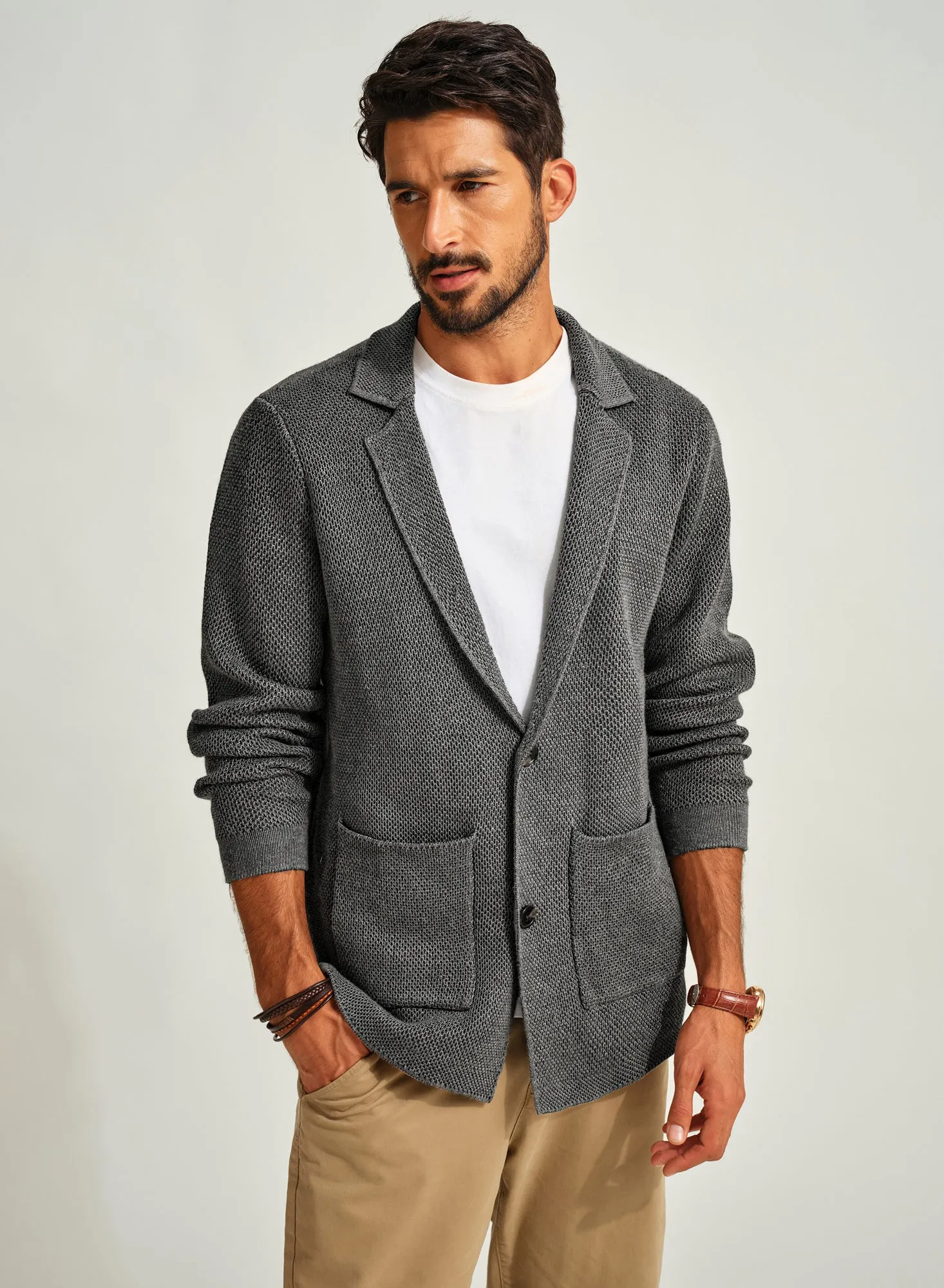 Mens Notch Collar Cardigan Sweaters Knit Textured Sweater Button Down Blazer with Pockets