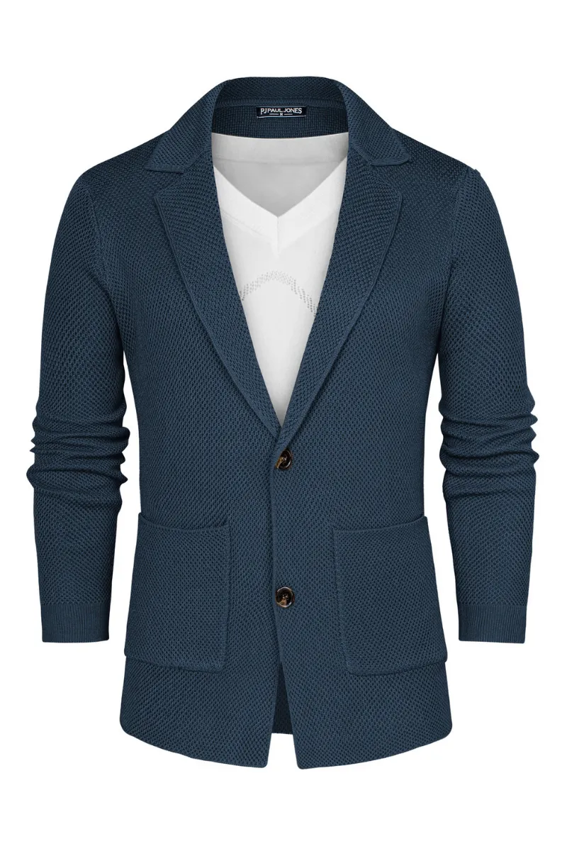 Mens Notch Collar Cardigan Sweaters Knit Textured Sweater Button Down Blazer with Pockets