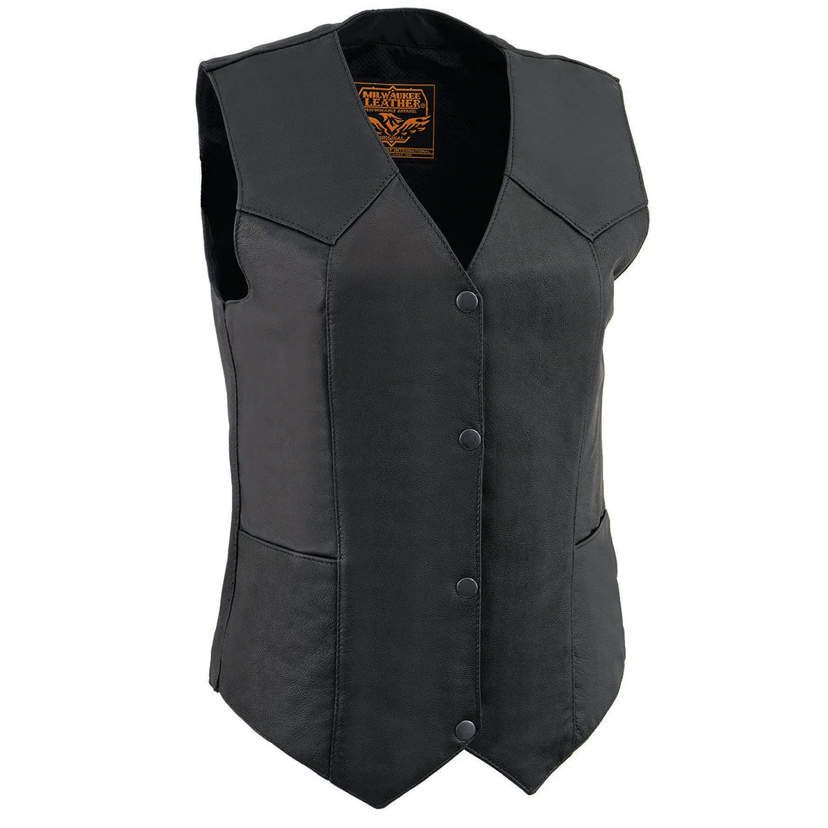 Milwaukee Leather MLL4545 Women's Black Premium Leather Lightweight Classic 4-Snap V-Neck Motorcycle Rider Vest