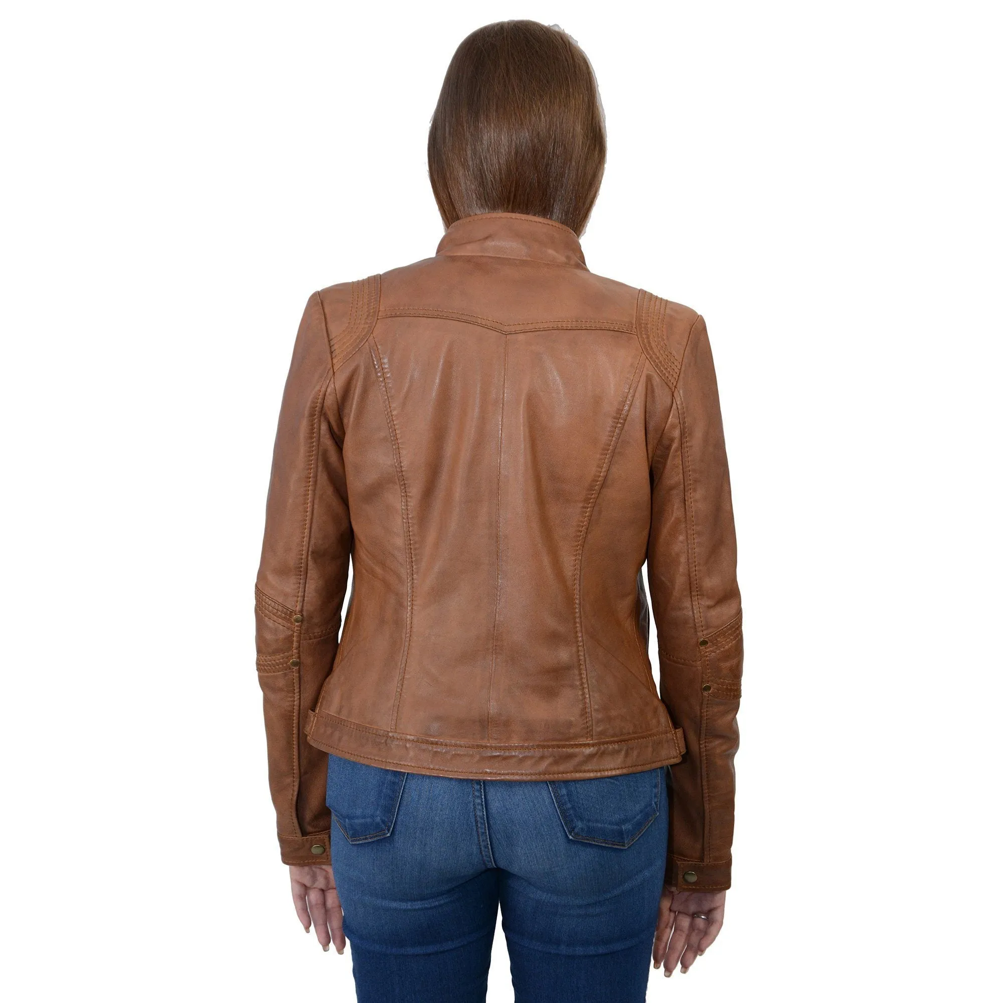 Milwaukee Leather-SFL2800-Ladies Whiskey Stand Up Collar Racer Jacket with Rivet Details