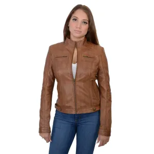 Milwaukee Leather-SFL2800-Ladies Whiskey Stand Up Collar Racer Jacket with Rivet Details