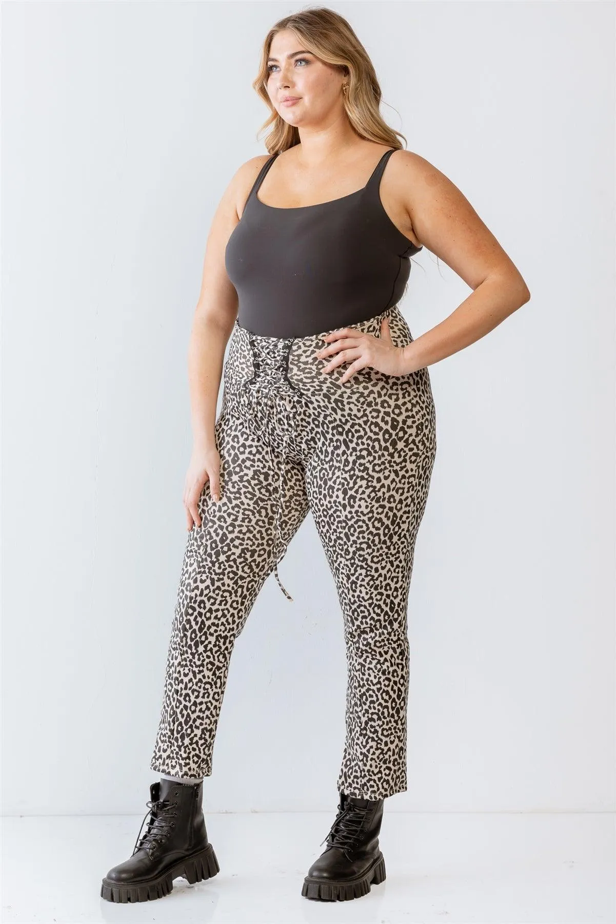 Plus Size Leopard Print Lace-Up Fitted Pants /1-1-1