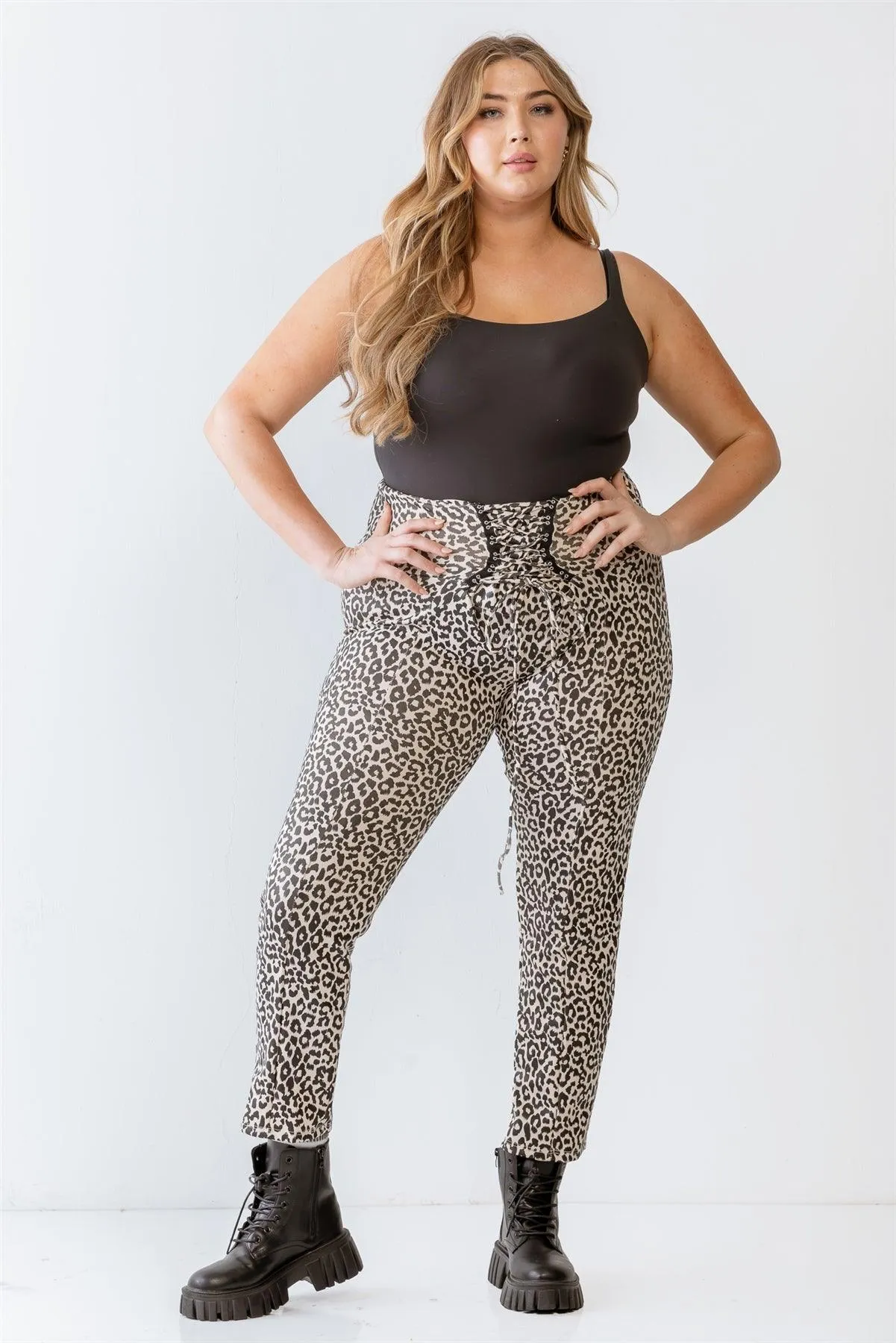 Plus Size Leopard Print Lace-Up Fitted Pants /1-1-1