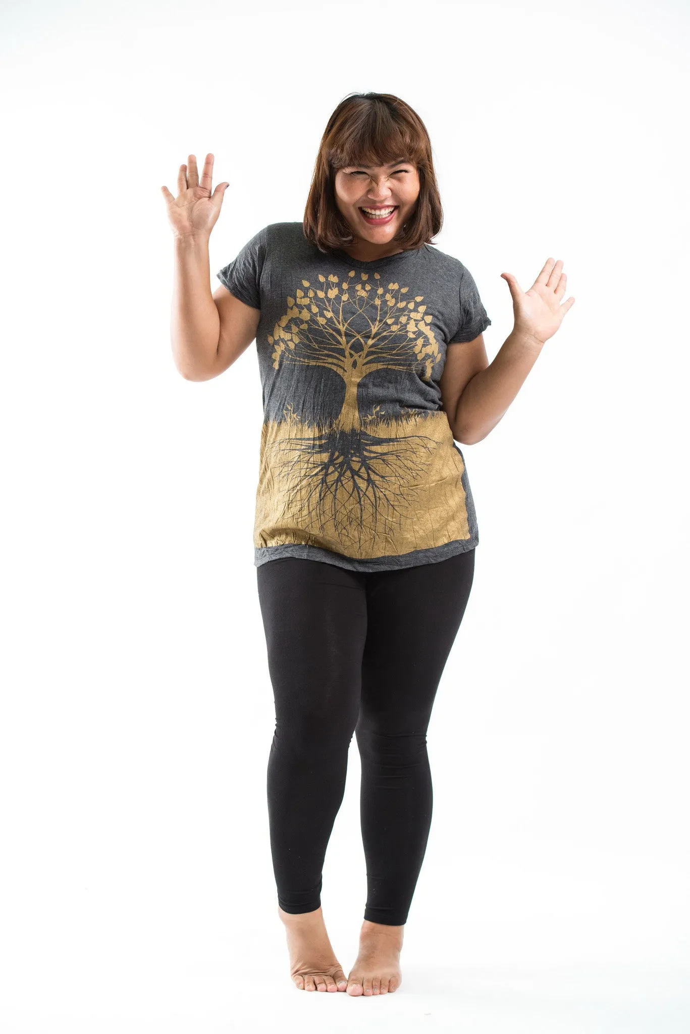 Plus Size Womens Tree of Life T-Shirt in Gold on Black