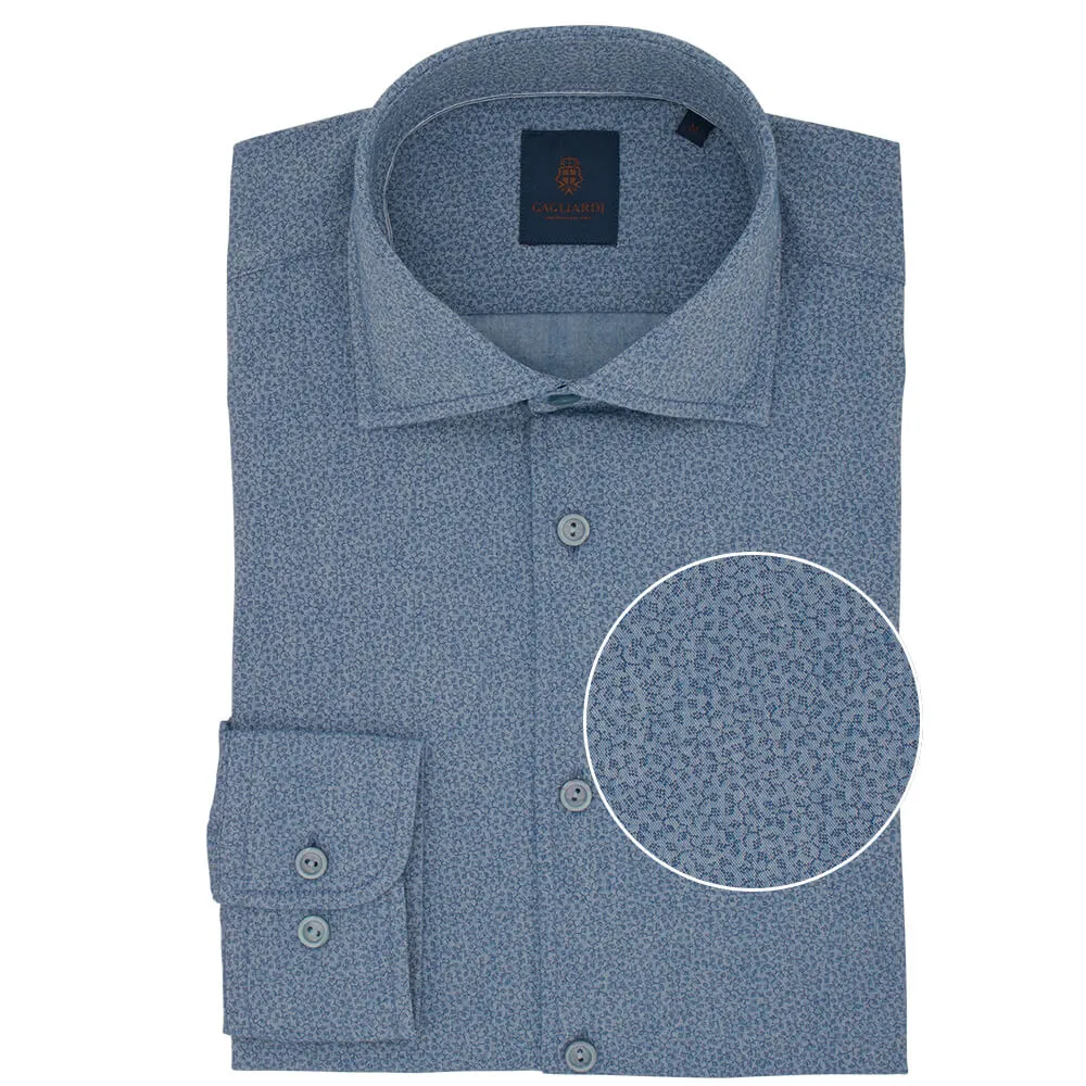 Slim Fit Denim Blue Abstract Cotton Shirt