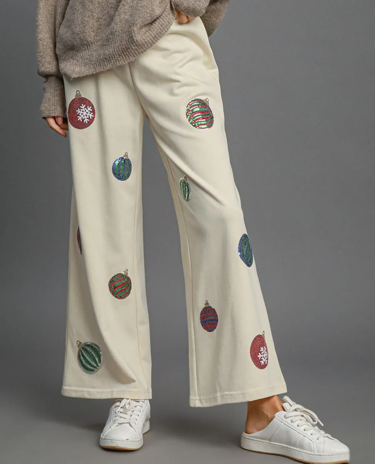 Umgee French Terry Pants with Christmas Ornament Sequins