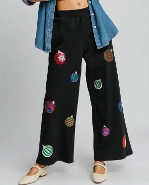 Umgee French Terry Pants with Christmas Ornament Sequins