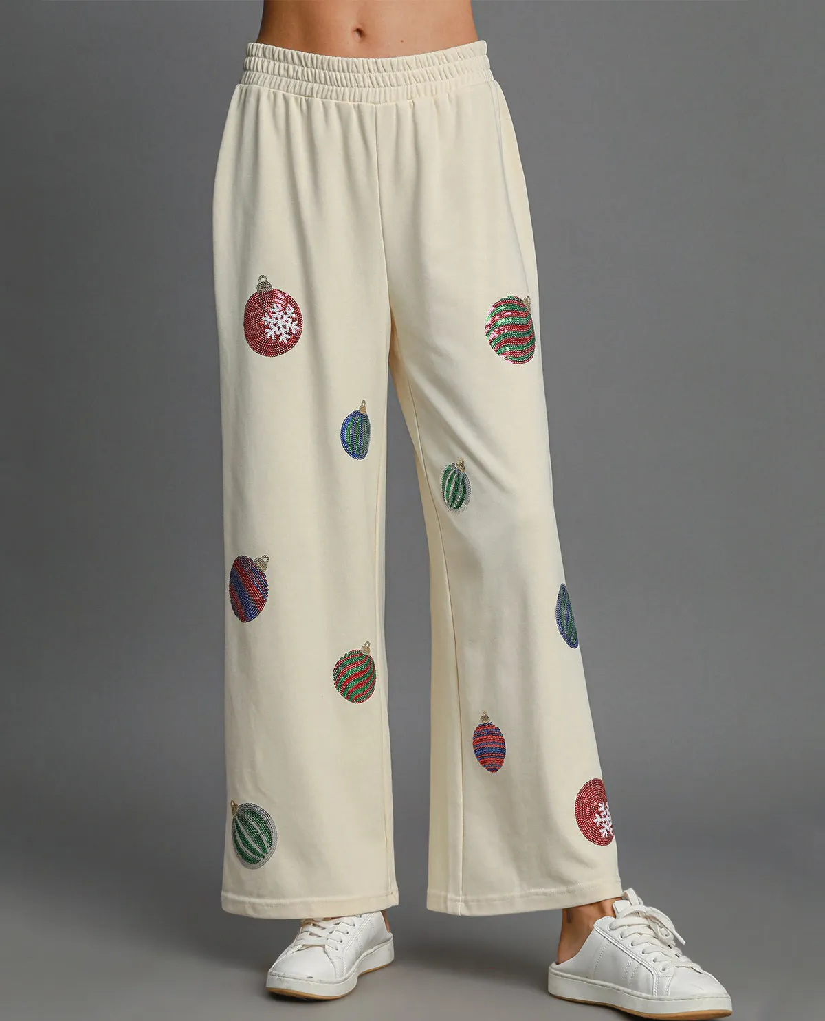 Umgee French Terry Pants with Christmas Ornament Sequins