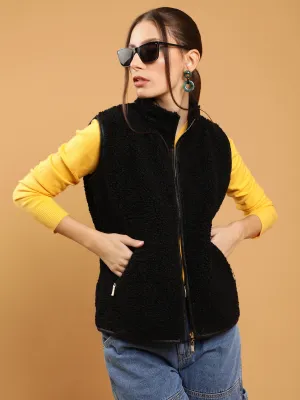 Women Black High Neck Polar Fleece Slim Fit Zipper Jacket