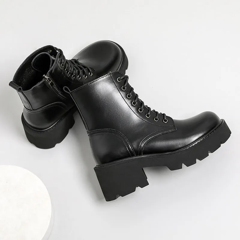 Womens Combat Boots Platform Leather Chunky Heel Zipper Boots