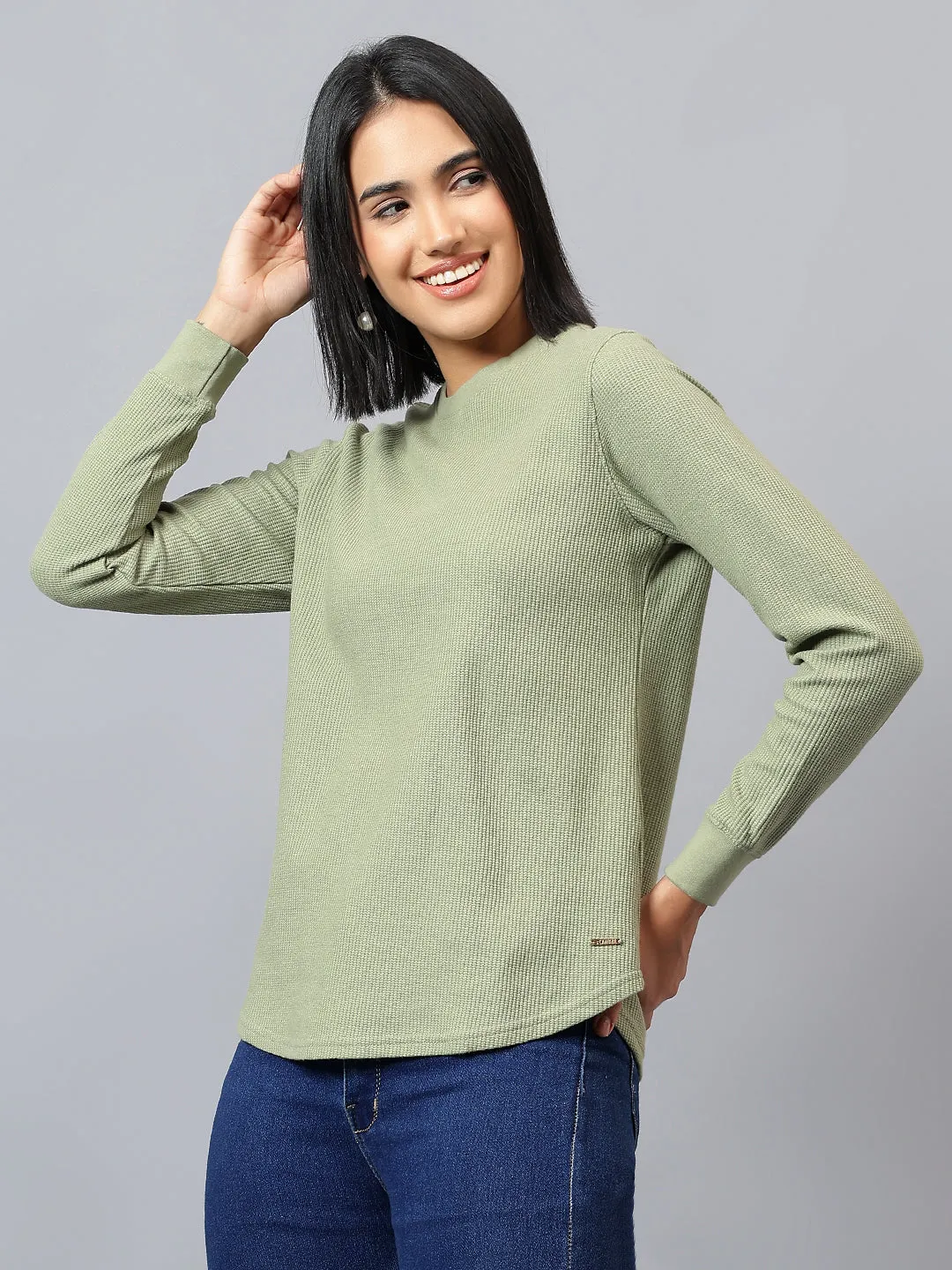 Women's Solid Green Round Neck Tshirt