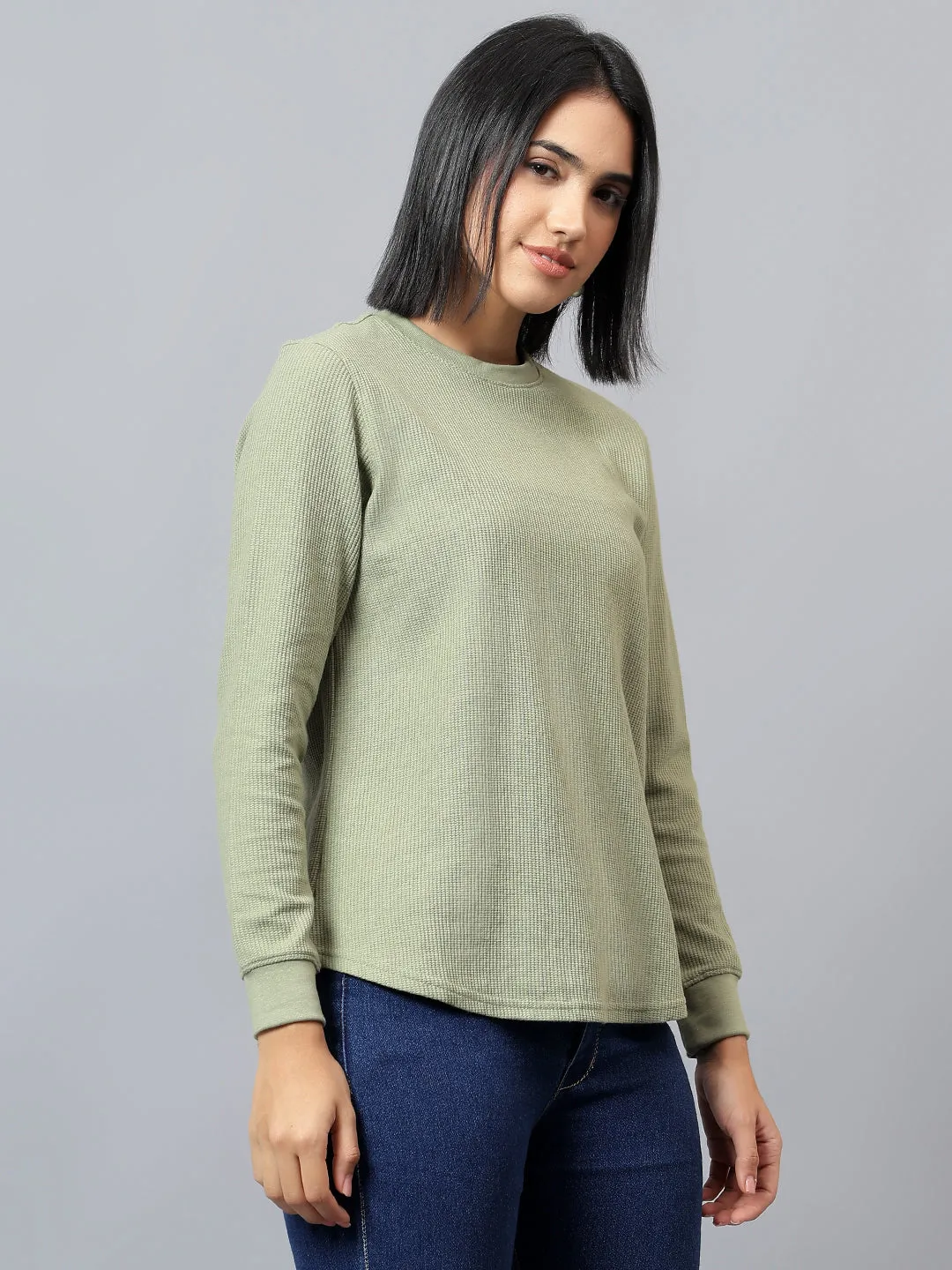 Women's Solid Green Round Neck Tshirt